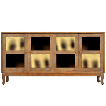 Retro Industrial 4 Door Sideboard With Large Storage, Rattan And Glass Doors