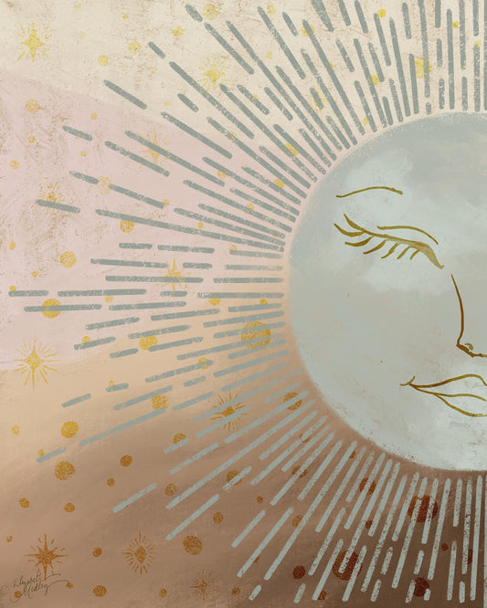 Celestial Blue Sun By Elizabeth Medley (Framed) - Light Brown