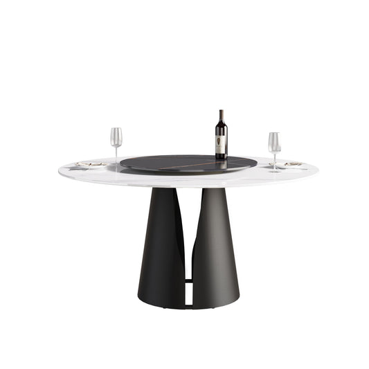 Modern Artificial Stone Round Carbon Steel Base Dining Table, Can Accommodate 6 People, Artificial Stone Turntable