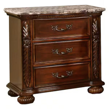3 Drawer Nightstand, Bedside Table Hand Carved Storage For Bedroom - Cherry