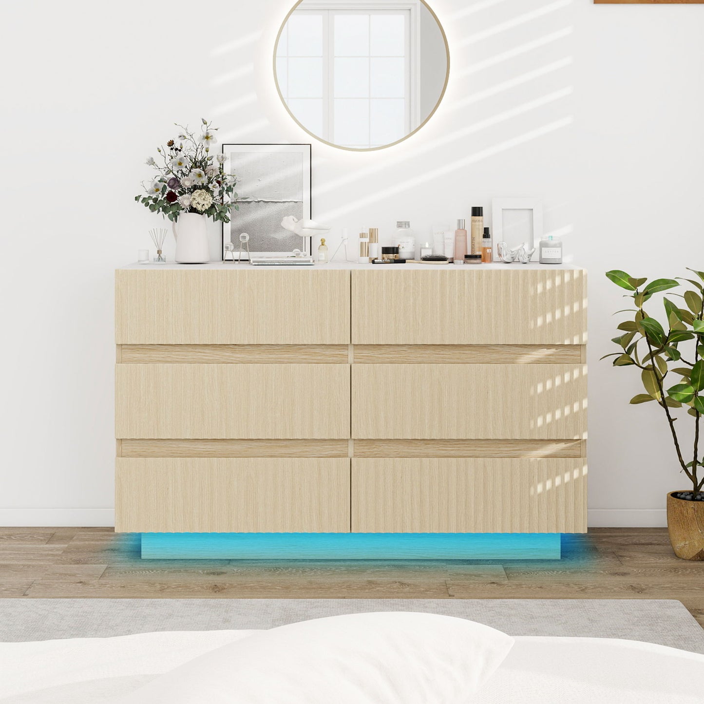 Fluted 6 Drawers Dresser, Double Dresser Chest Of Drawers, Modern Chest Of Drawers With LED, Drawer Organizer For Bedroom, Living Room, Hallway - Natural