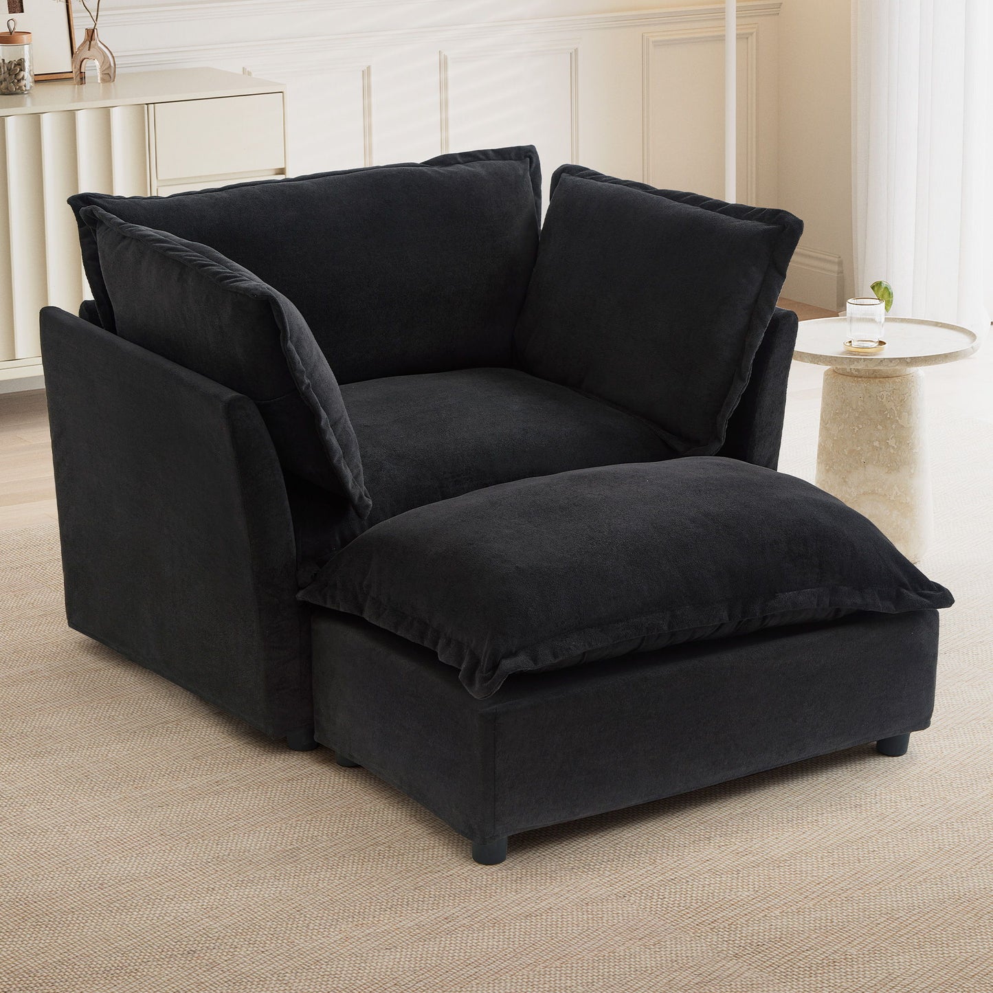 Modern Cozy Upholstered Armchair Sofa With Movable Ottoman