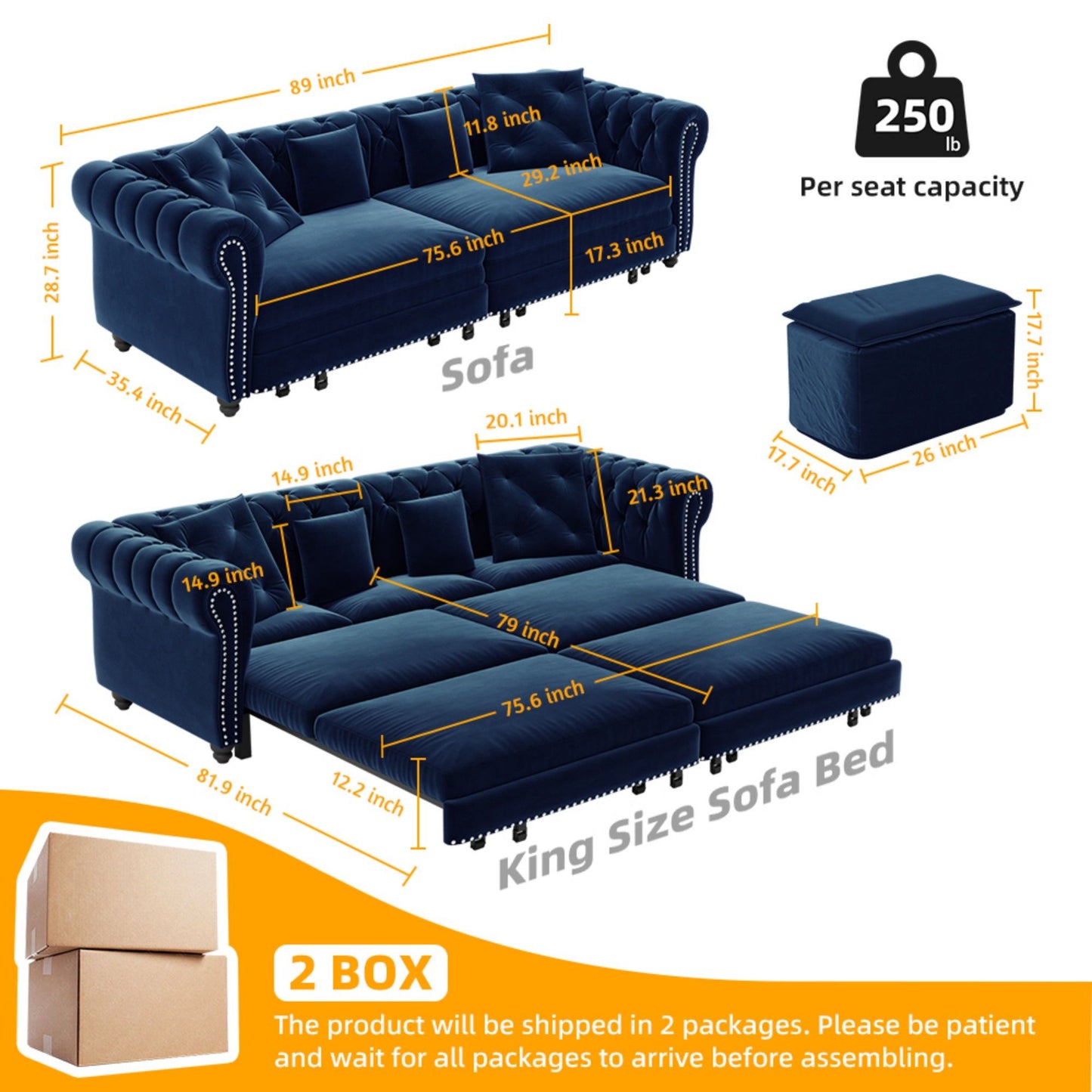 3 In 1 Convertible Sleeper Sofa Bed With Movable Ottoman