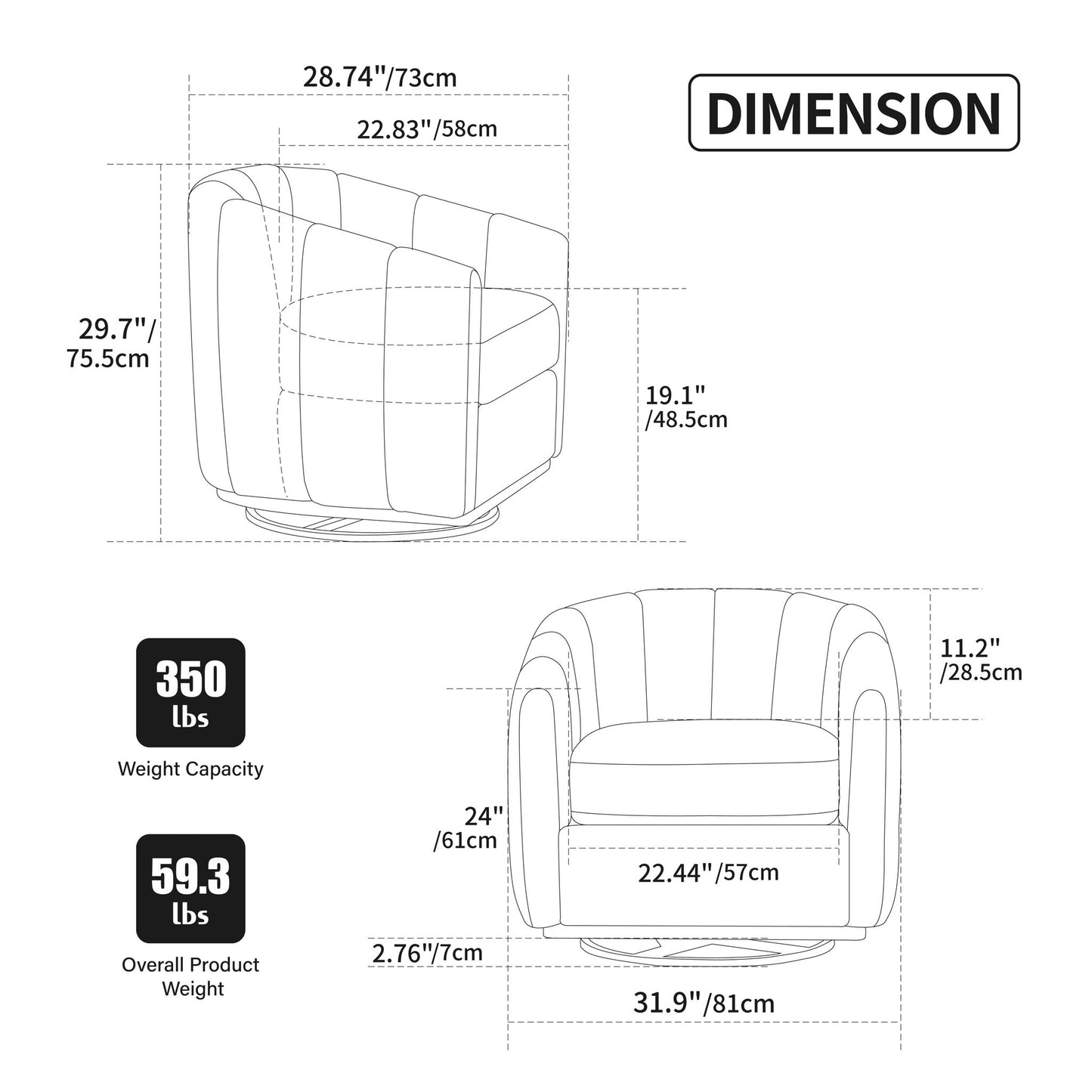Swivel Upholstered Barrel Chair With Metal Base