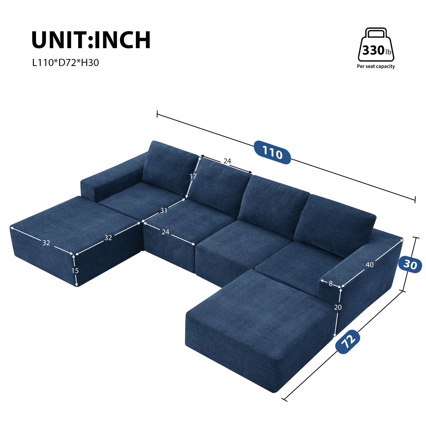 Modular U Shaped Sectional With Ottomans, Luxury Cloud Floor Couch With Deep Seat Fully Compressed Upholstered Sofa