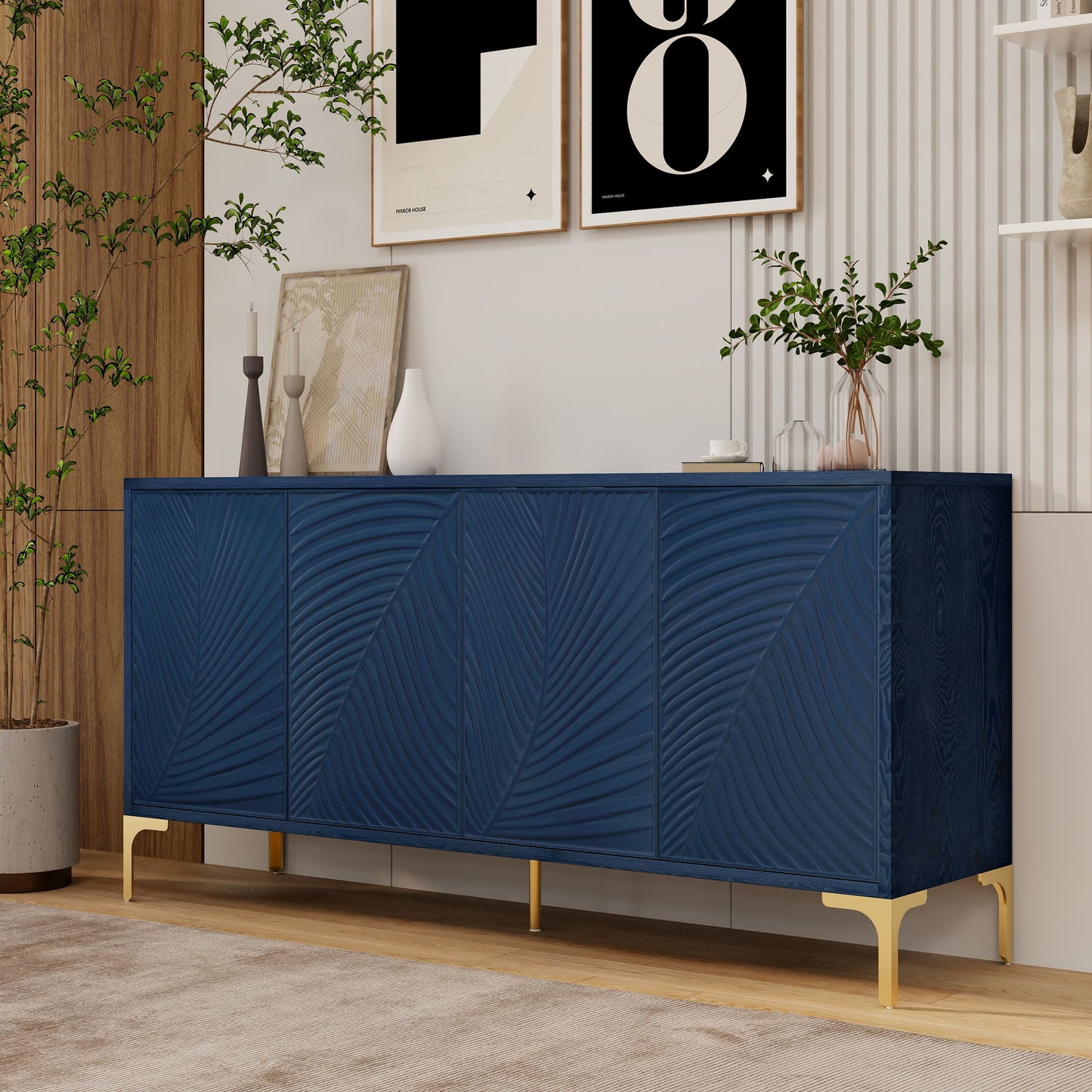 Modern 4 Door Sideboard With Creative Carved Surface And Adjustable Shelves