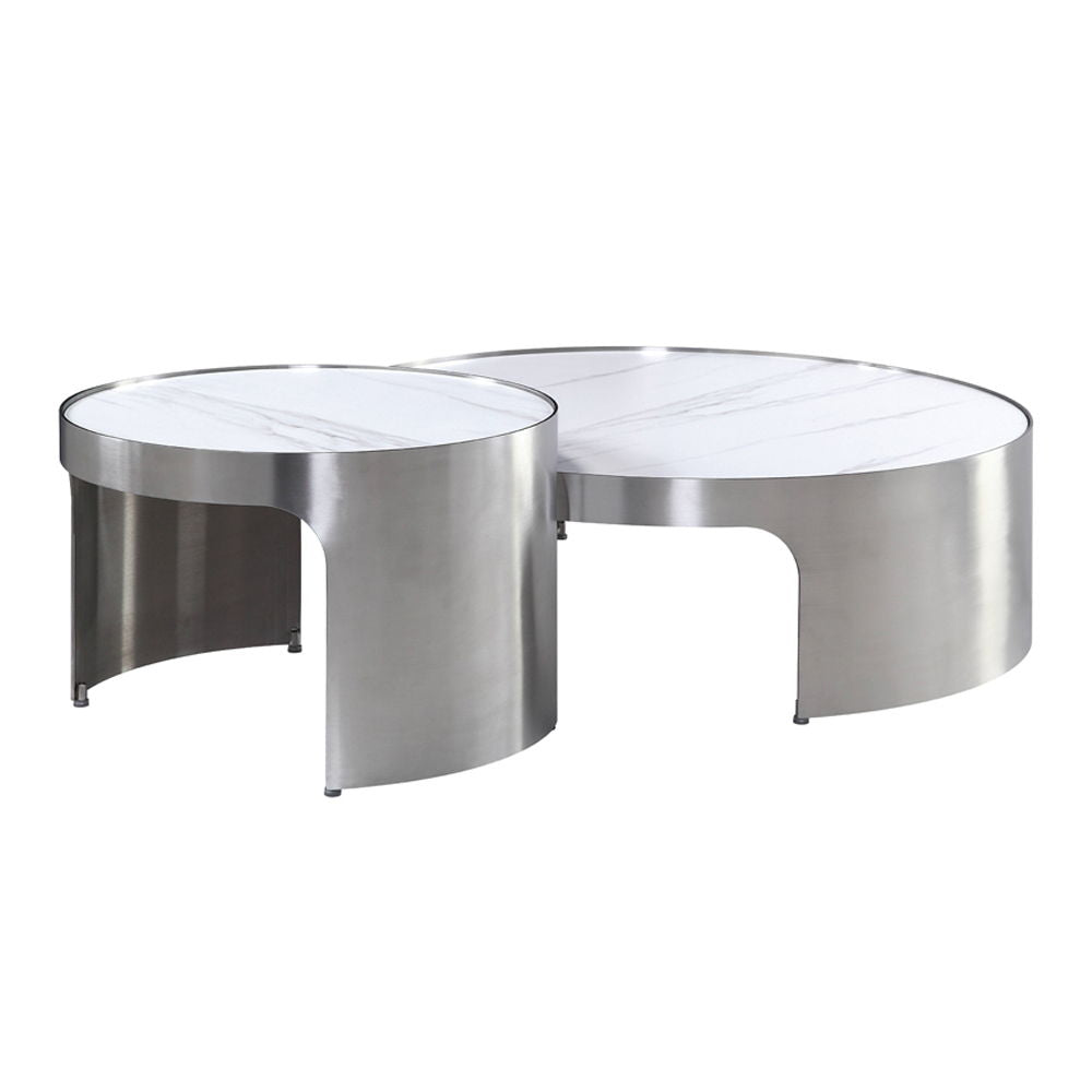 Abilene - Nesting Coffee Table Set - Marble Top & Brush Silver