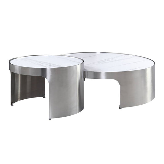 Abilene - Nesting Coffee Table Set - Marble Top & Brush Silver