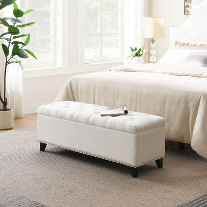 Button-Tufted Storage Ottoman With Safety Close Hinge