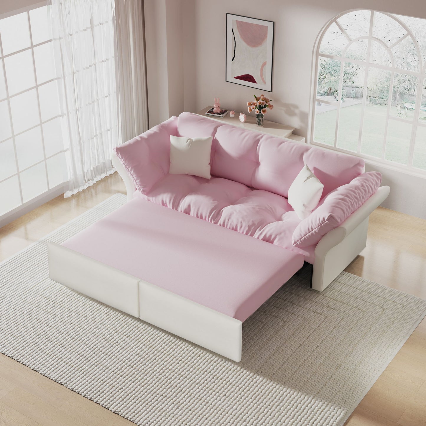 Queen Pull Out Sofa Bed, 3 In 1 Convertible Sleeper Tufted With 2 Soft Pillows