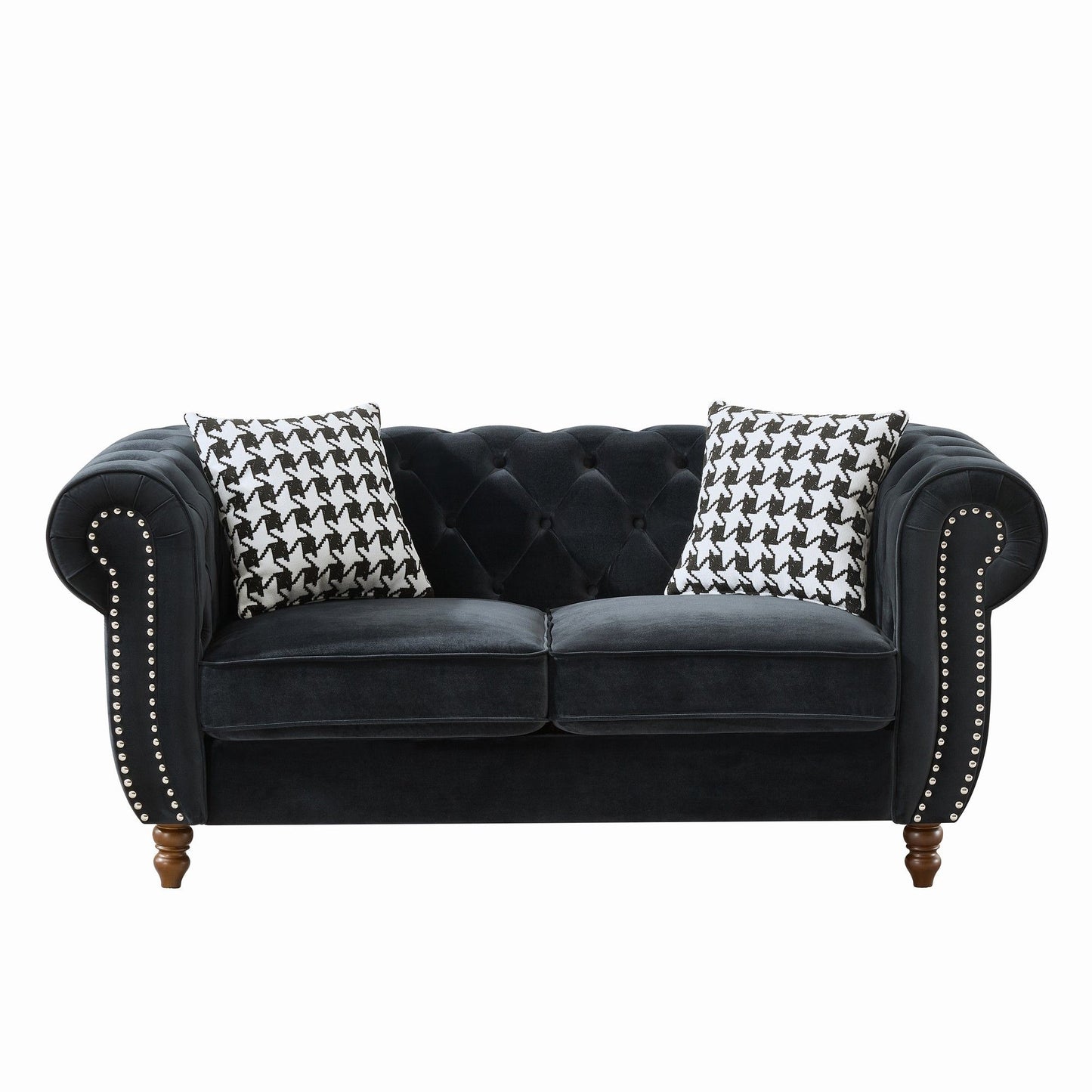 Chesterfield Upholstery Fabric Loveseat With Roll Armrest And Nailhead