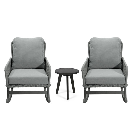 Modern 3 Piece Outdoor Seating Set With Cushioned Rattan Rocking Chairs And Wooden Accent Table