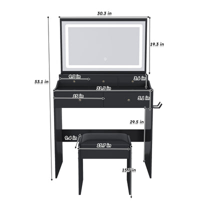 Modern Makeup Vanity Set With Power Outlet, Hair Dryer Holder, And Adjustable Lighting