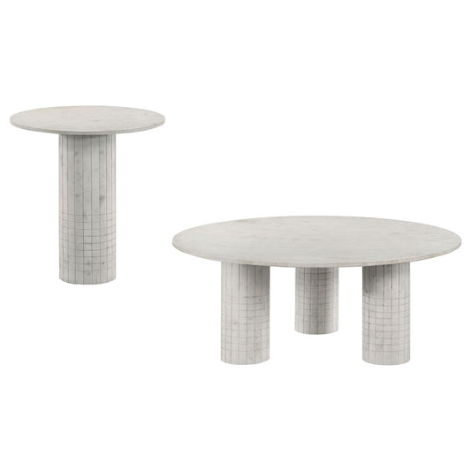 Preston - 2 Piece Coffee And End Table Set With Cylindrical Pedestal Bases, Round Design - White
