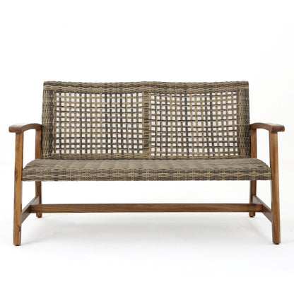 Outdoor Rattan Loveseat With Wooden Legs - Brown