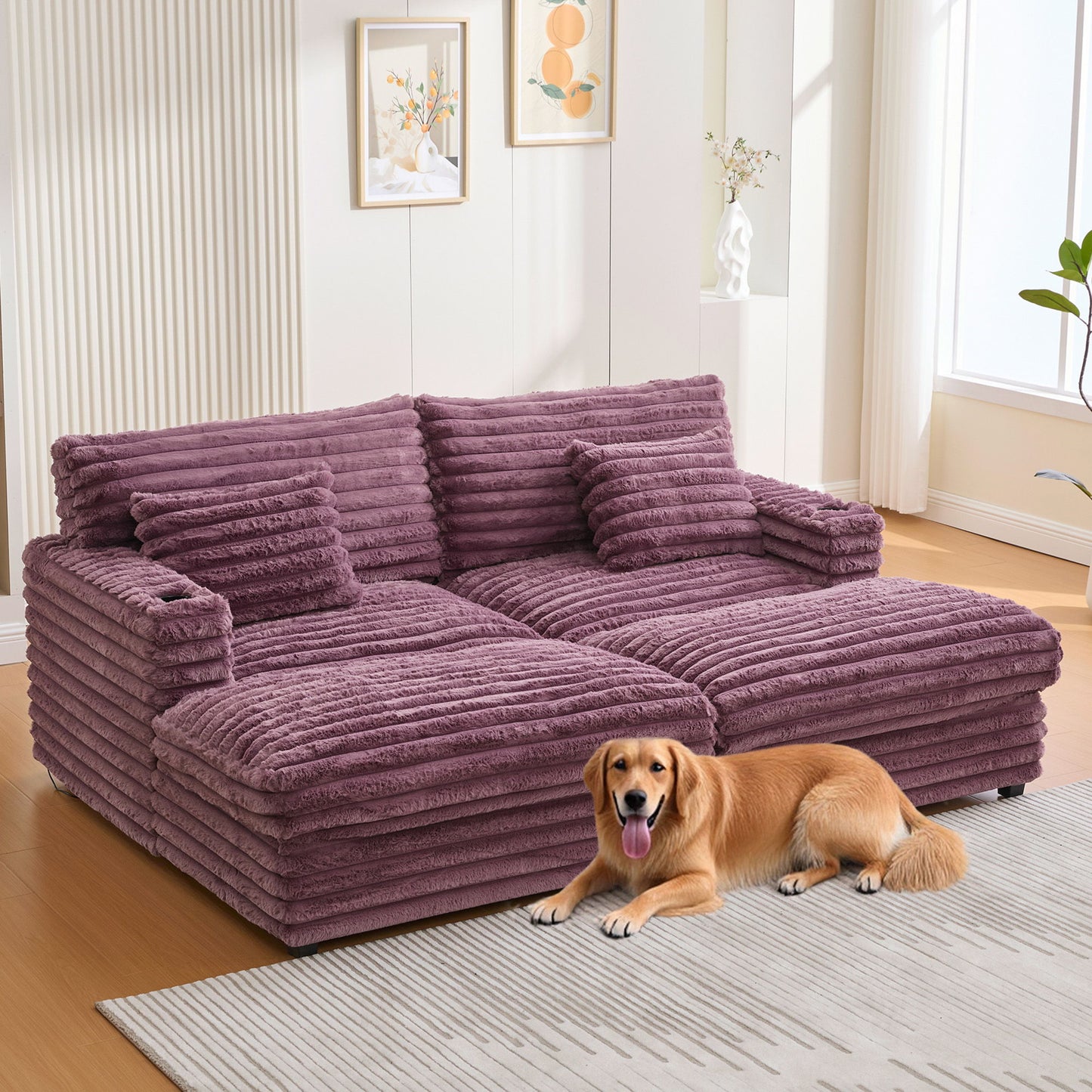 Oversized Double Chaise Lounge Sofa Bed With USB Ports And Cup Holders