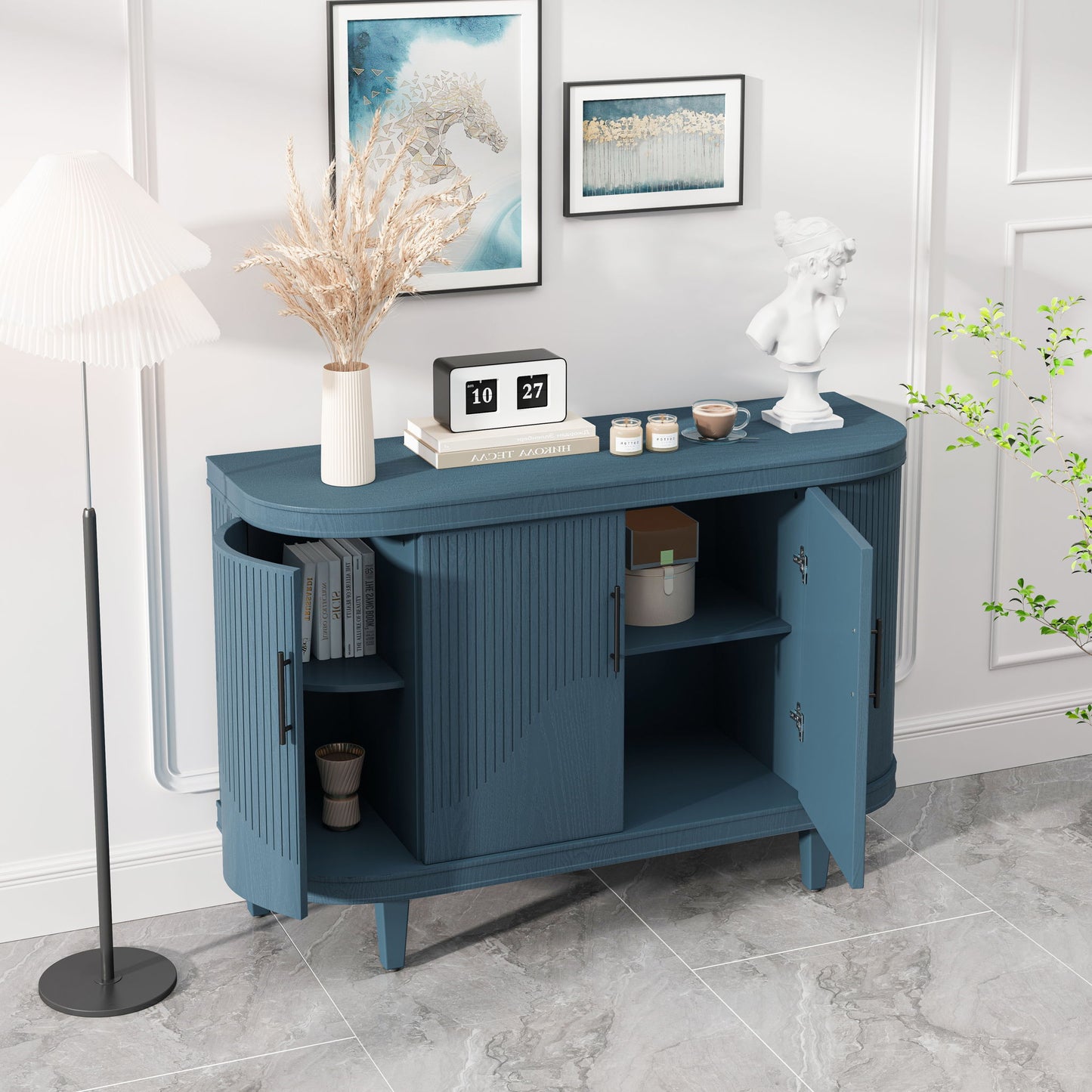 Curved Sideboard Wooden Console Table With 4 Doors And Adjustable Shelves For Living Room - Blue
