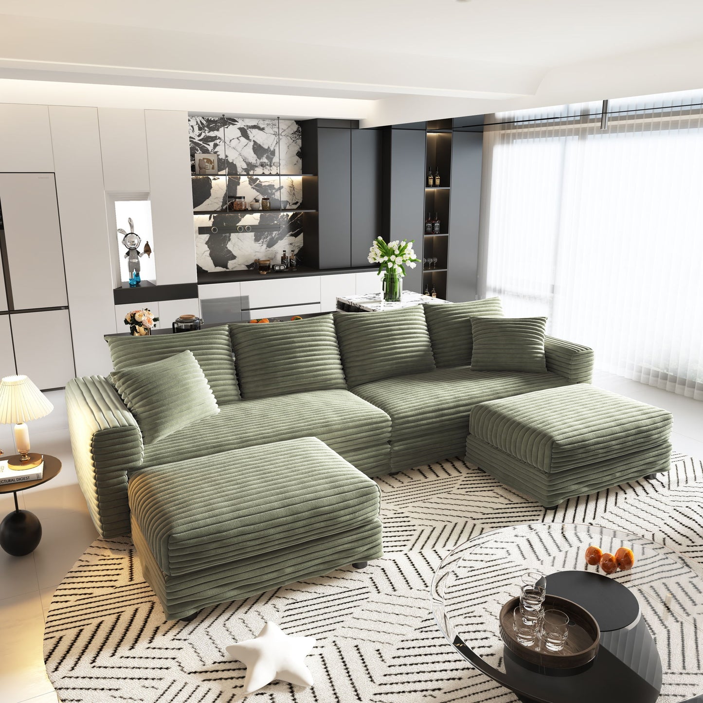 Convertible Deep Seat Sofa With Soft Pillows And Ottomans