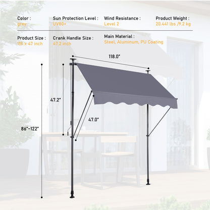 Manual Retractable Patio Awning, UV Resistant Sun Shade With No Drill Installation