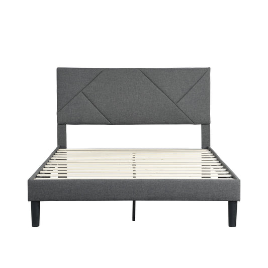 Upholstered Platform Bed Frame With Headboard, Wood Slat Support