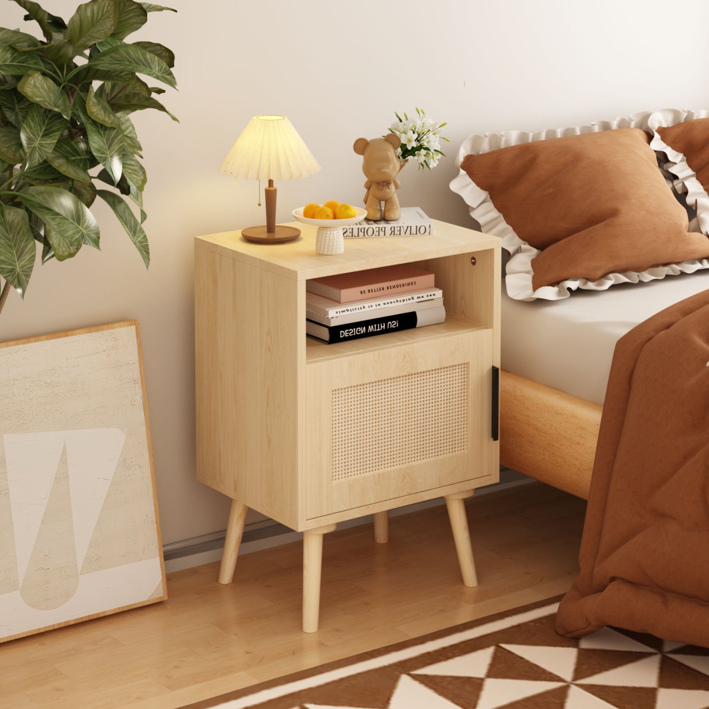 Nightstand, Side Table With Door And Open Shelf For Bedroom - Oak