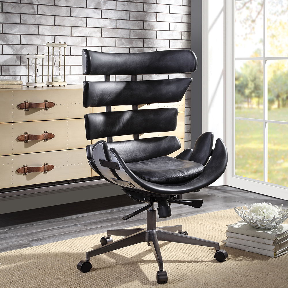 Megan - Office Chair - Vintage Black Top Grain Leather & Aluminum