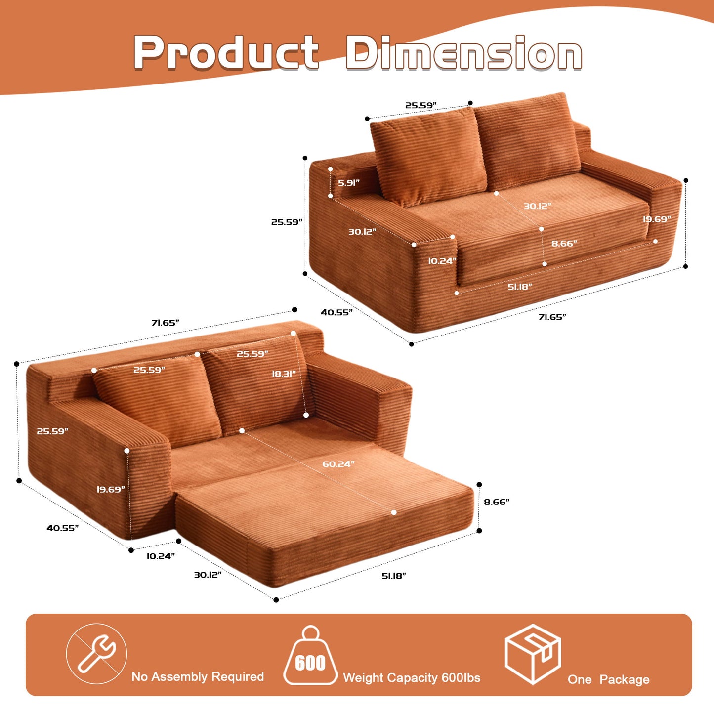 Comfortable Deep Seat Loveseat Sofa Bed, Reversible Cushion With Pillows