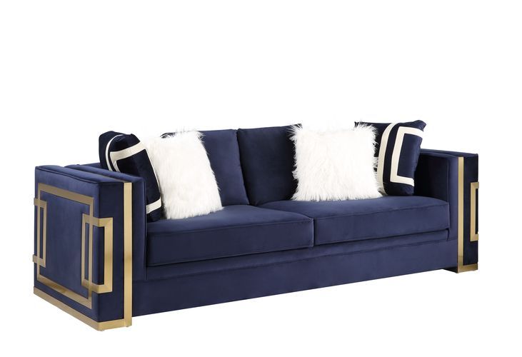 Virrux - Sofa With 6 Pillows - Blue Velvet & Gold