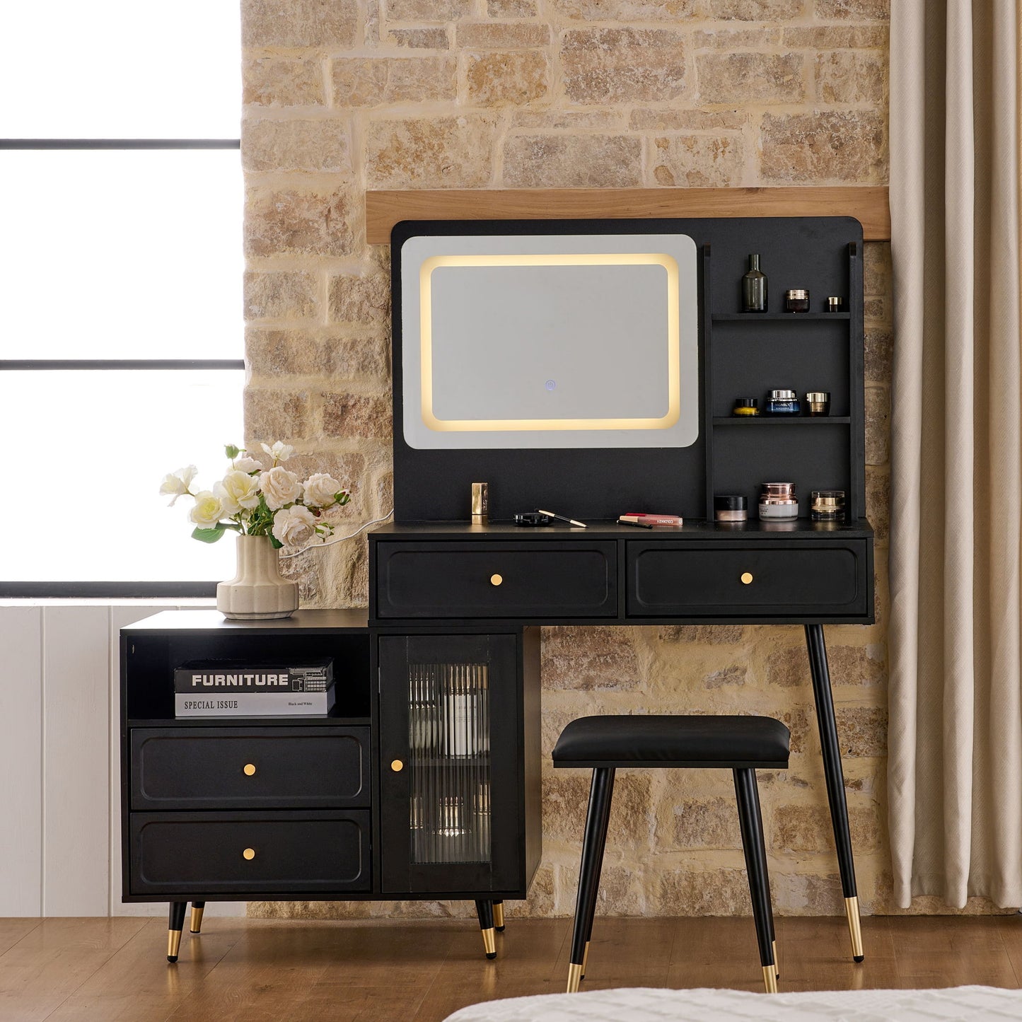 Modern Makeup Vanity Desk With Mirror And Lights Retractable Design Engineered Wood - Black