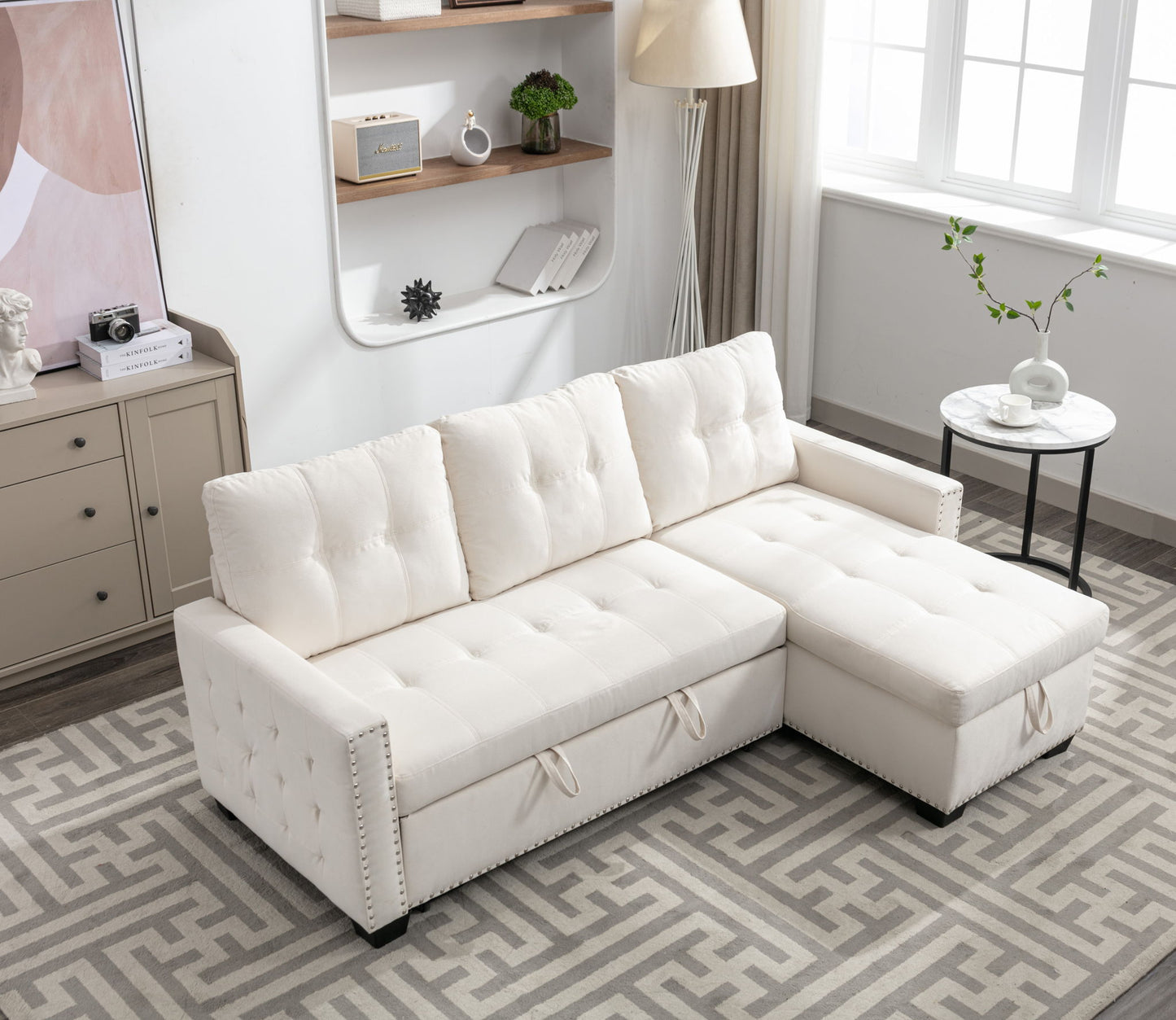 Reversible Sectional Storage Sleeper Sofa Bed, L-Shape 2 Seat Sectional Chaise With Storage, Skin-Feeling Fabric