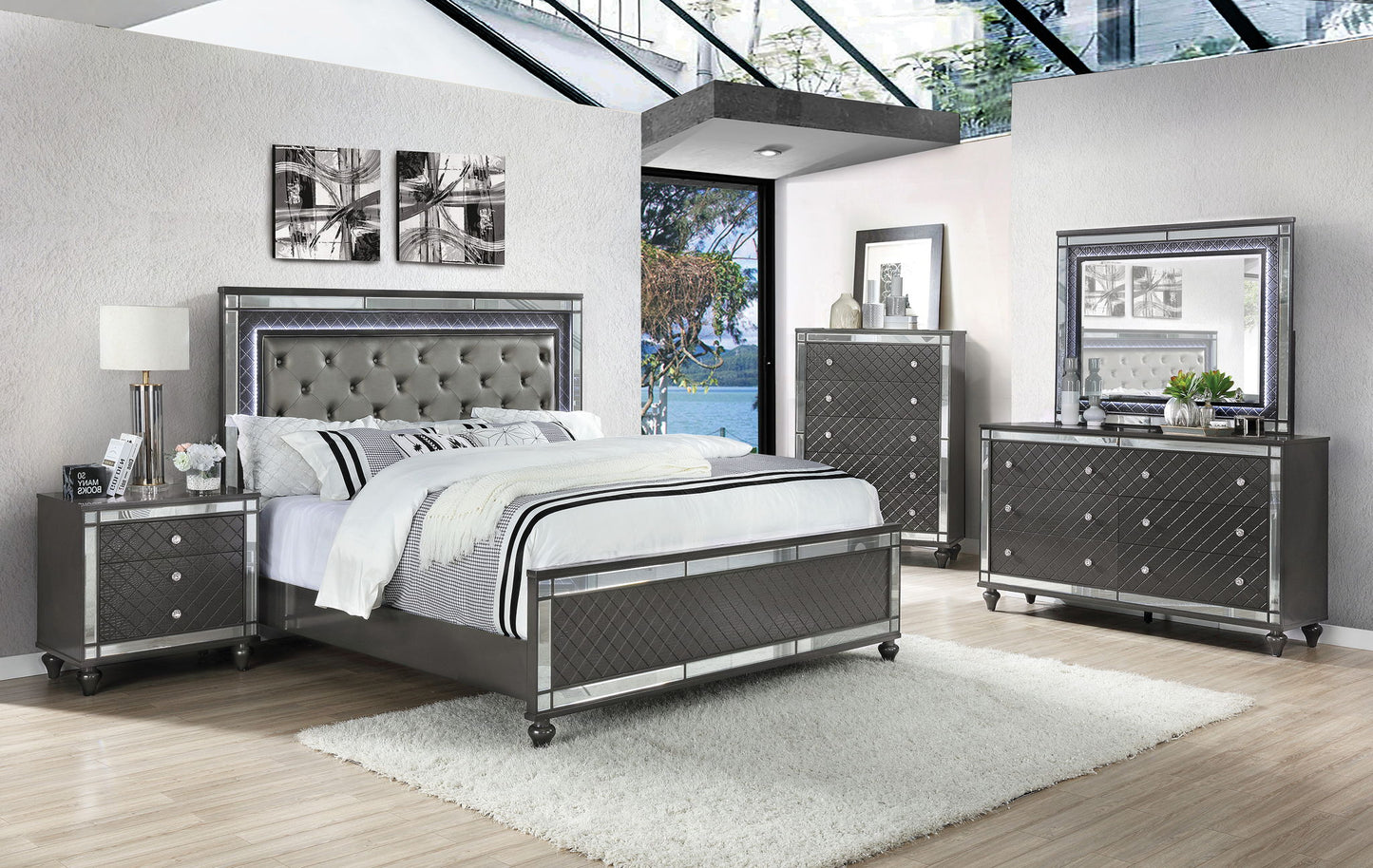 Refino - California King Upholstered Bed - Gunmetal