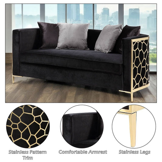 Fergal - Loveseat With 4 Pillows - Black Velvet & Gold