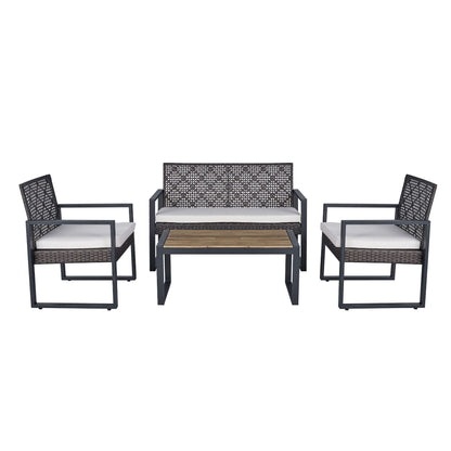 4 Piece Patio Furniture Set With Acacia Wood Table Top And Cushions