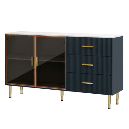 Modern Sideboard Buffet Cabinet Marble Sticker Tabletop And Amber- Tempered Glass Doors With Metal Legs & Handles