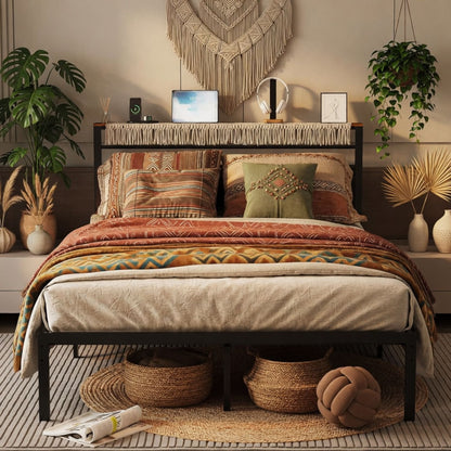 Platform Bed Frame With Charging Station & Headboard Storage