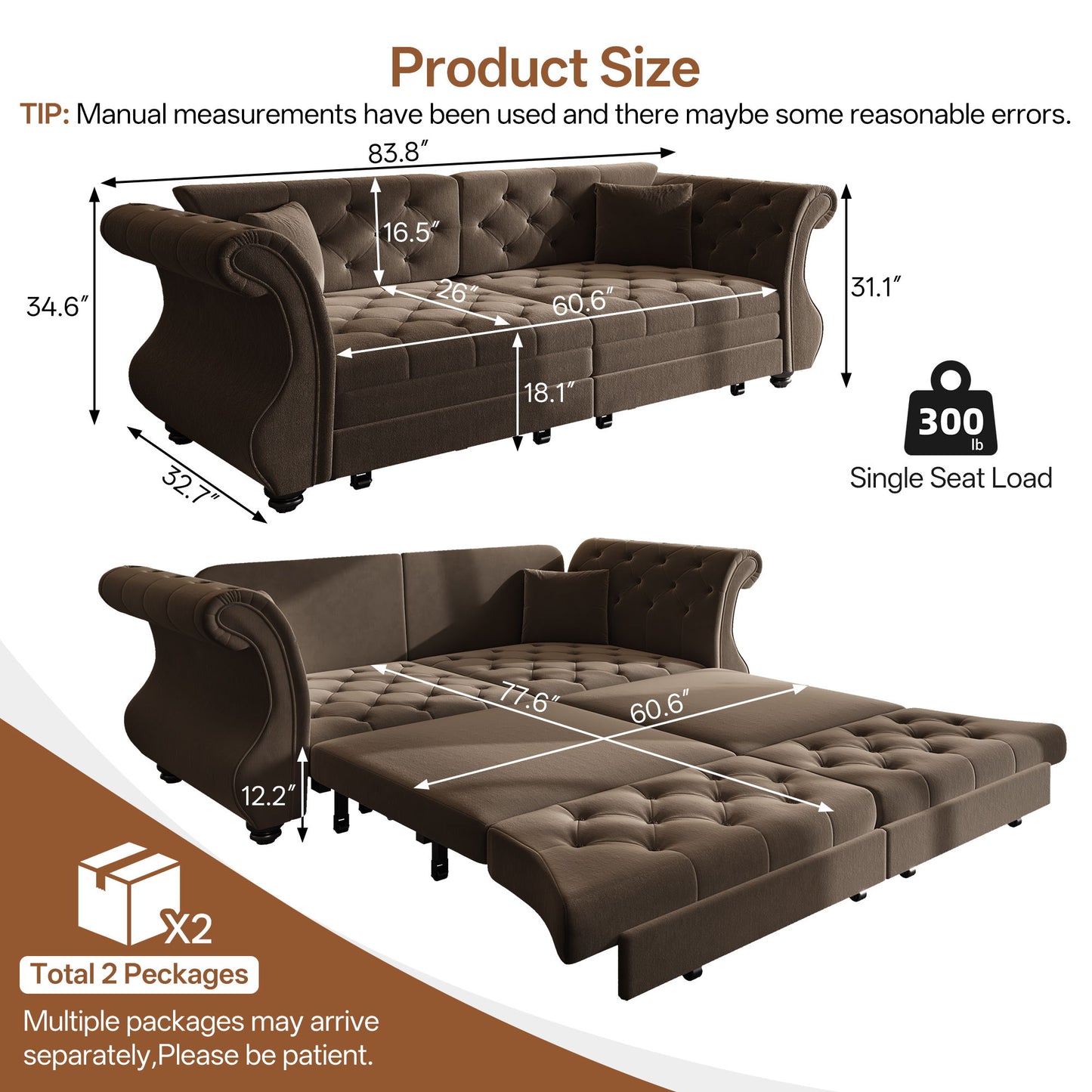 Oversized Chesterfield Pull Out Sofa Bed, Roll Arm Couch With Flower Tufting For Living Room