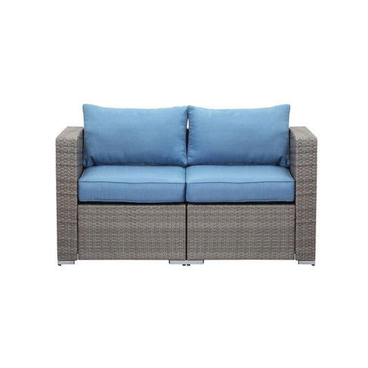 2 Piece Patio Loveseat Set With Thick Cushions, Outdoor Sectional Sofa For Balcony - Blue / Brown