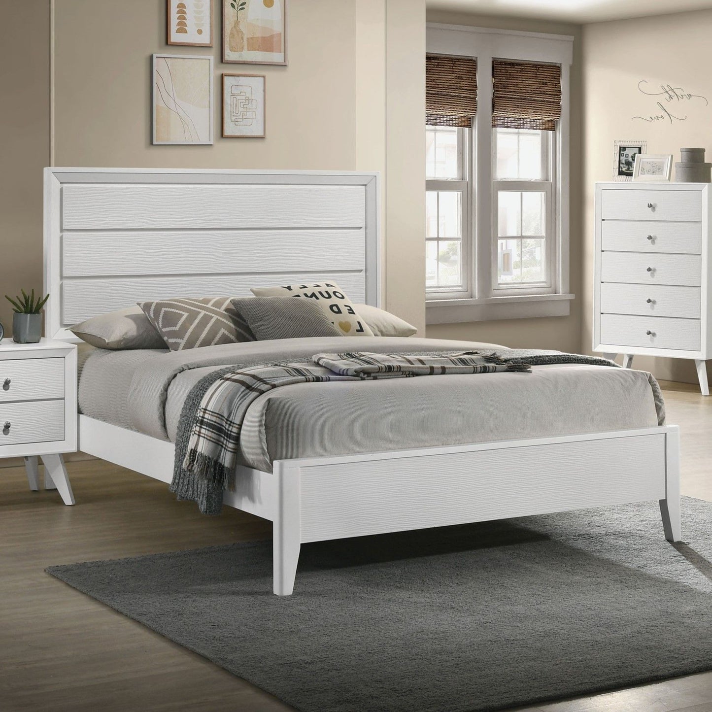 Modern Bed Frame With Wave Texture Headboard And Angled Legs