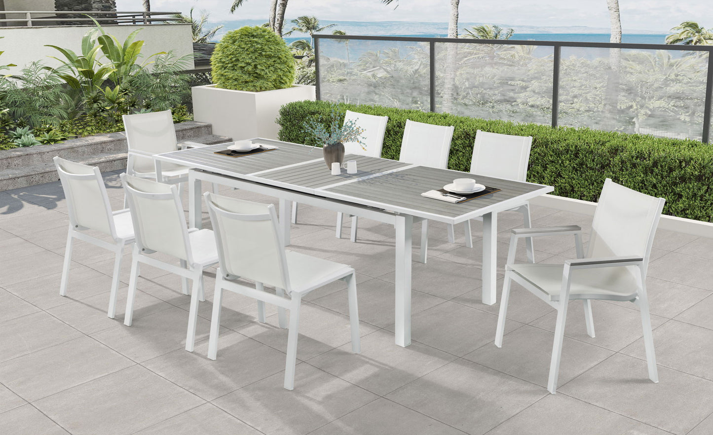 Nizuc - Outdoor Patio Dining Arm Chair With White Frame And Gray Arms (Set of 2)