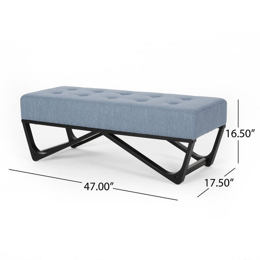 Upholstered Ottoman With Button Tufted Waffle Stitch And Black Geometric Legs - Light Blue