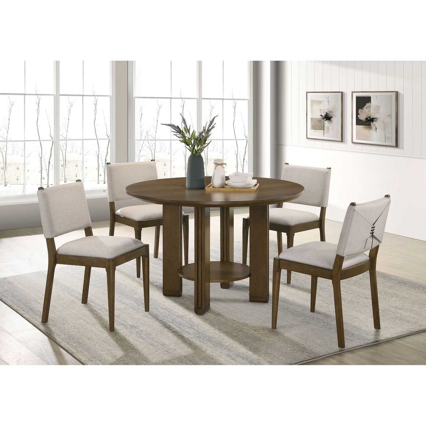 Crispin - 5 Piece Round Dining Table Set With Upholstered Chairs - Brown