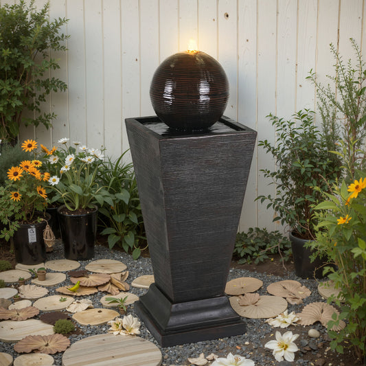 35.5" Tall Column Fountain With LED Lights, Retro Outdoor Decor, Weather Resistant Feature - Dark Brown
