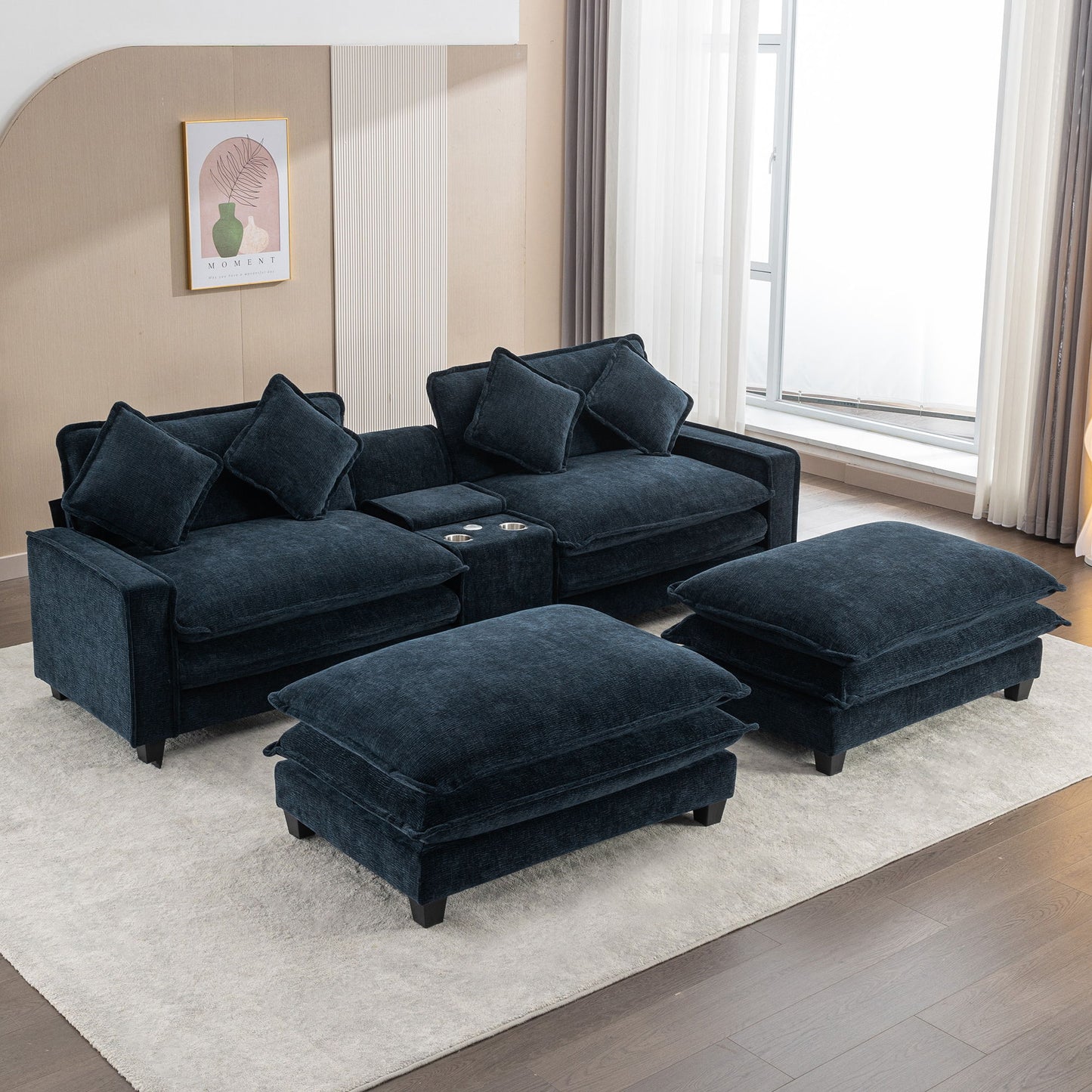 Sectional Sofa Upholstered Sofa With Two Removable Ottoman, Two USB Ports, Two Cup Holders And Large Storage Box For Living Room