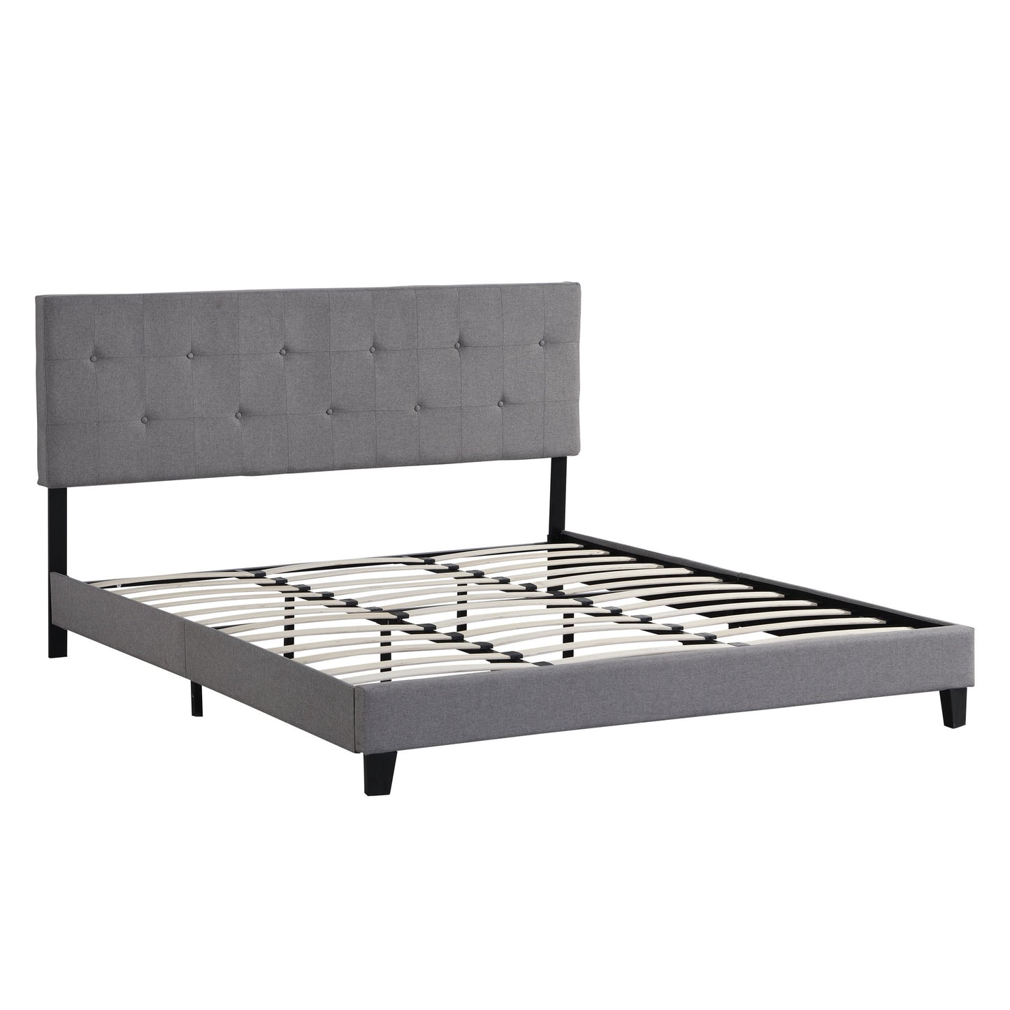 King Size Upholstered Platform Bed Frame With Button Tufted Fabric Headboard, No Box Spring Needed, Wood Slat Support