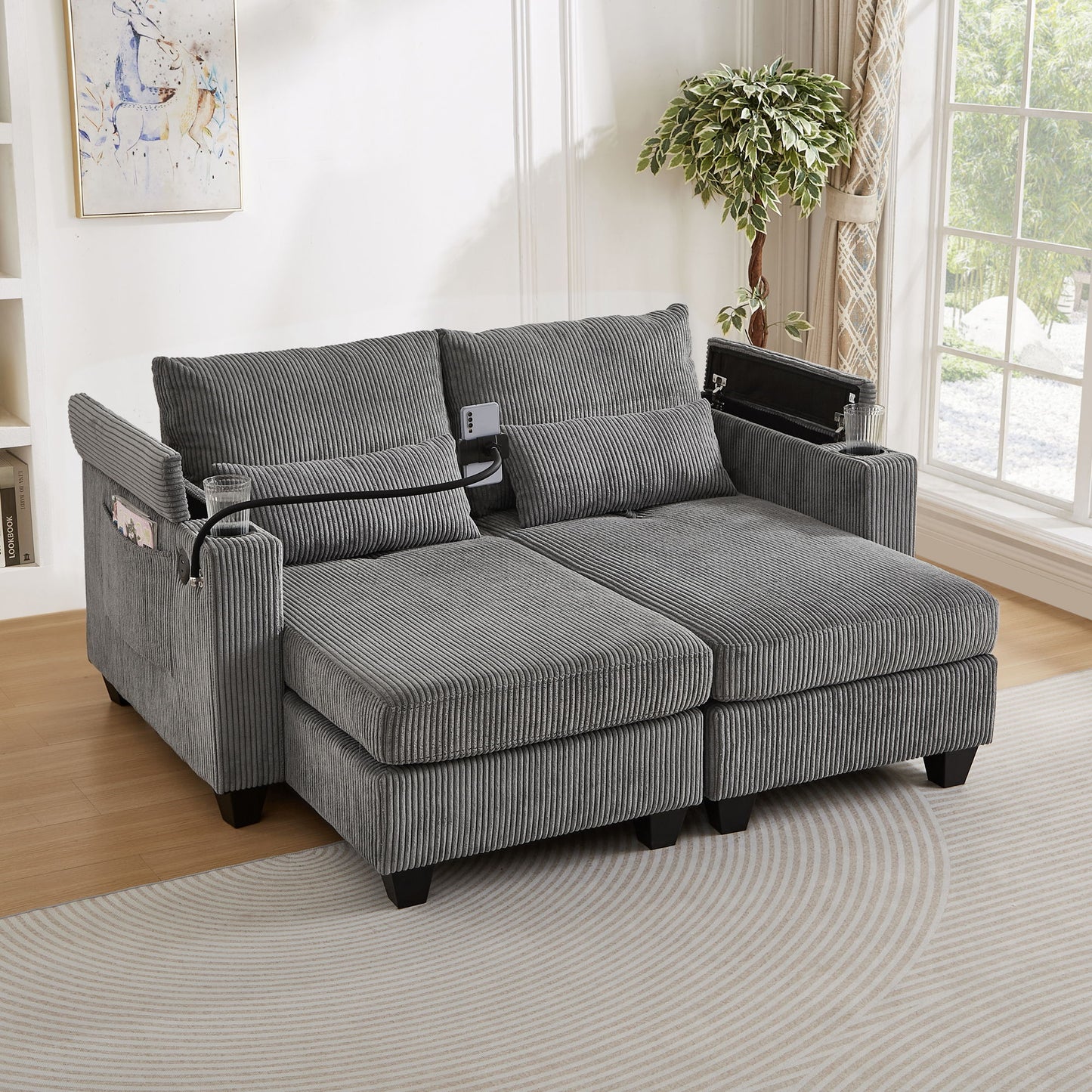 Convertible Chaise Lounge Sofa Chair With USB Ports, Cup Holders, Phone Holder And Storage