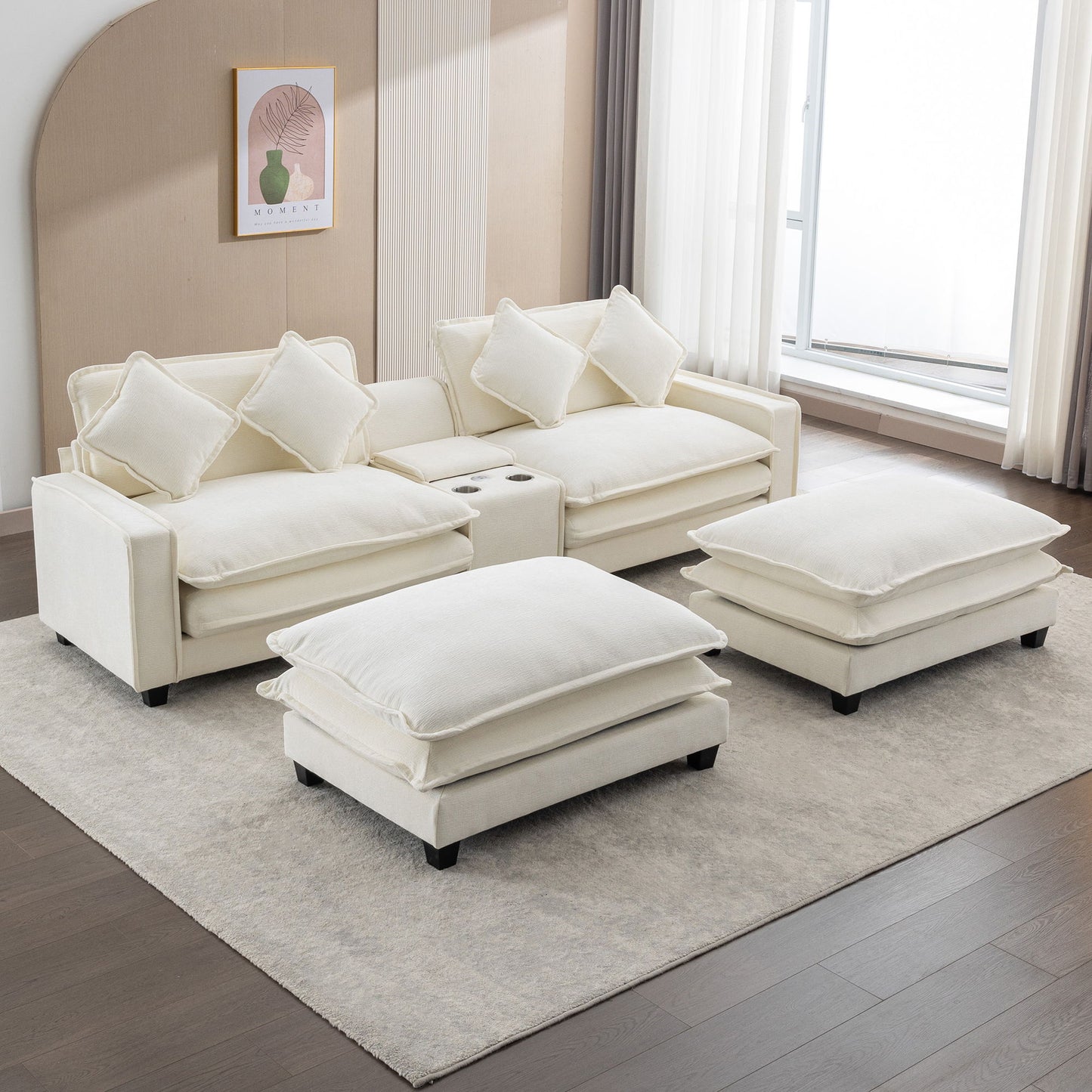 Sectional Sofa Upholstered Sofa With Two Removable Ottoman, Two USB Ports, Two Cup Holders And Large Storage Box For Living Room