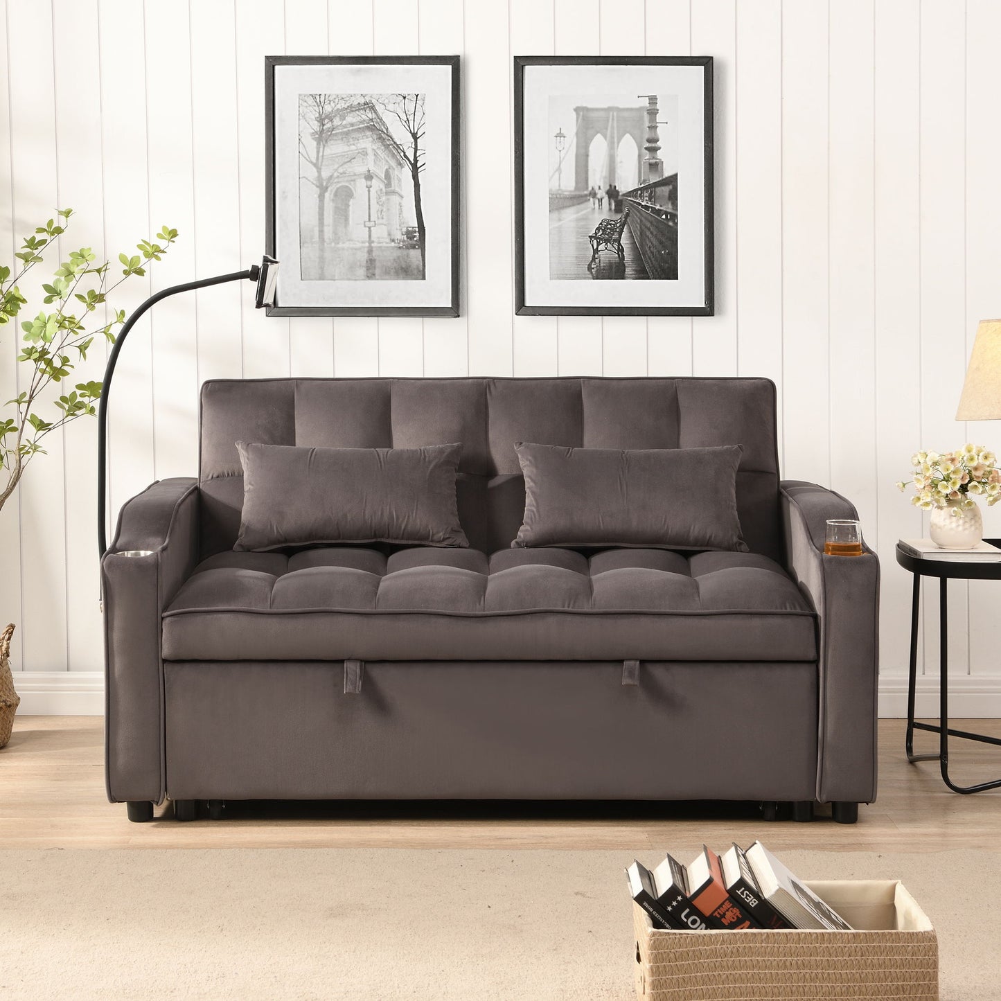 Modern Loveseat Futon Sofa With Pullout Bed, Adjustable Reclining Backrest, Toss Pillows
