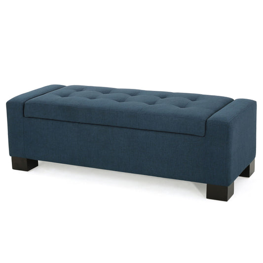 Empower - Button Tufted Waffle Upholstered Storage Ottoman With Wood Legs - Navy Blue