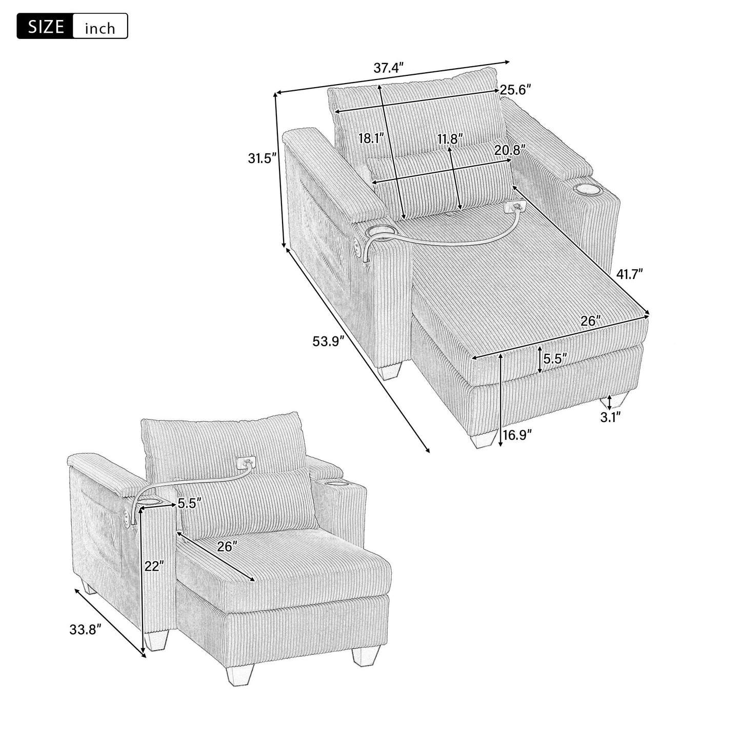 Convertible Chaise Lounge Sofa Chair With USB Ports, Cup Holders, Phone Holder And Storage