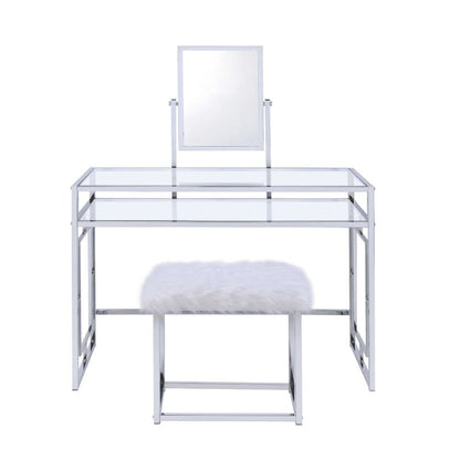 Carenze II - Vanity Set - White Faux Fur & Chrome